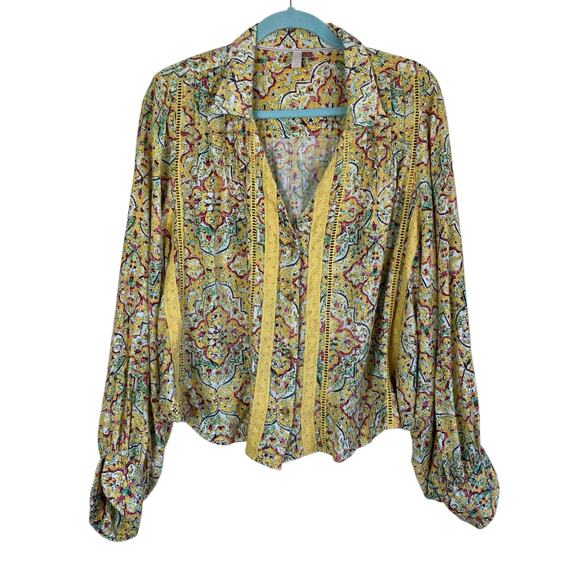 Anthropologie Pilcro Sz 1X Pintuck Peasant Blouse Yellow Floral Crochet Cottage - Picture 4 of 16